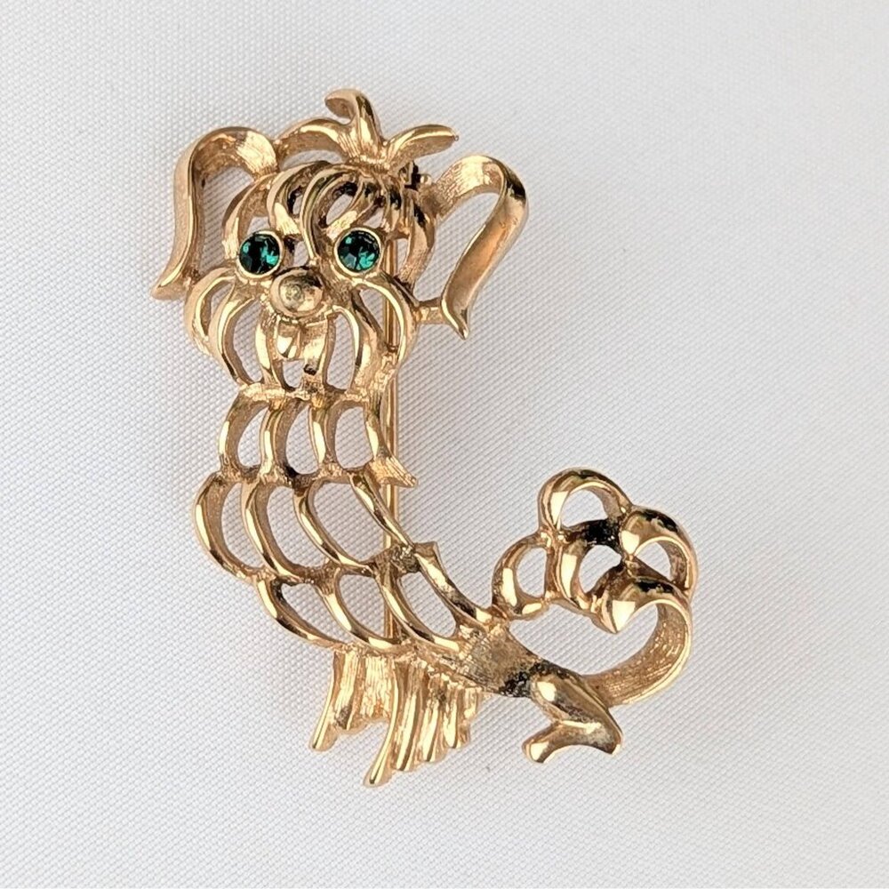 Vintage Avon Gold Tone Dog Brooch Pin 1970s Openwork Puppy Pin Green Rhinestones